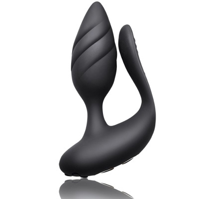 Dispositivo preto em silicone com textura espiral e formato ergonómico