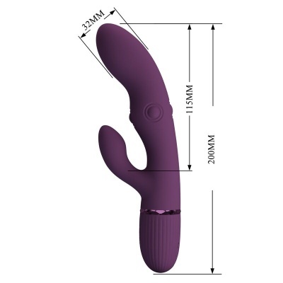 Vibrador roxo de silicone com hastes e medidas em milímetros