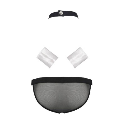 Conjunto de lingerie feminino preto e branco com colar, pastas e cueca de malha transparente