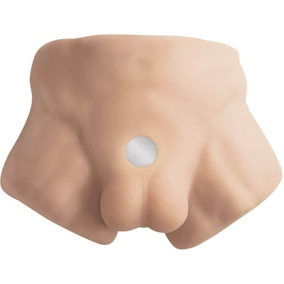 Produto formato nádegas humanas cor bege com botão cinza no centro