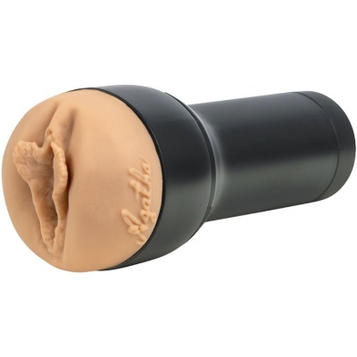 Masturbador masculino preto com parte superior em silicone cor pele e texto Sasha