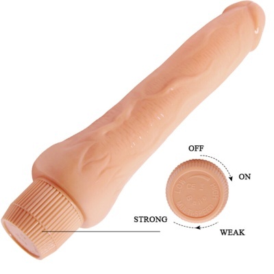 Vibrador cor da pele com base laranja e mostrador rotativo