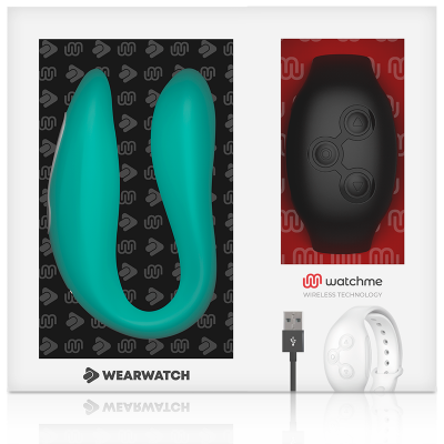 Produto Wearwatch com pulseira verde azulada, módulo preto e pulseira branca com cabo USB