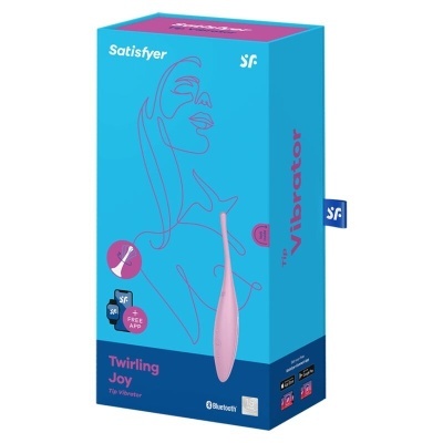 Embalagem azul com vibrador rosa Twirling Joy Satisfyer e ícones Bluetooth e app