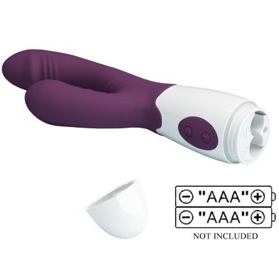 Vibrador duplo roxo e branco com botões e tampa destacada.