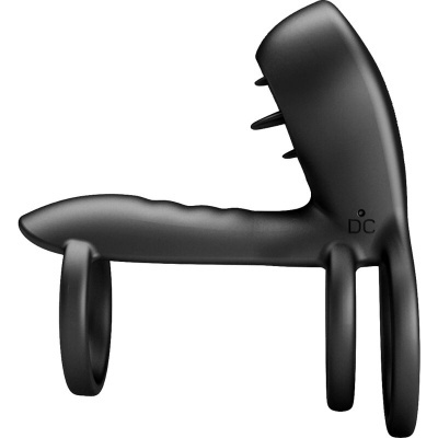 Dispositivo preto em plástico com design anatómico e texto 'DC'