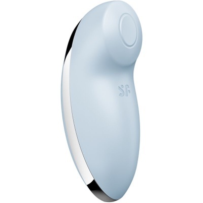 Dispositivo tecnológico azul claro com detalhe prateado, formato ergonómico e superfície lisa