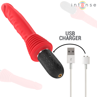Vibrador vermelho com base preta e cabo USB para carregamento