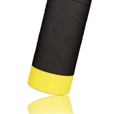 Frasco de produto com tampa amarela e corpo preto textura em relevo
