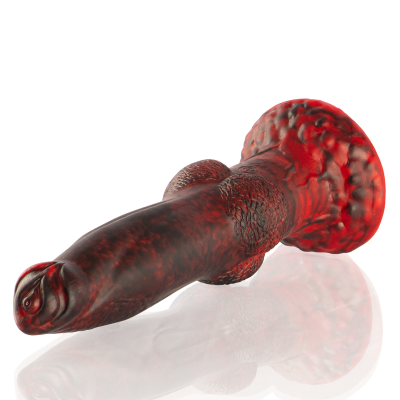 Dildo vermelho translúcido com textura detalhada e base larga