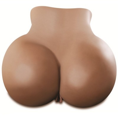Almofada em forma de nádegas humanas castanha clara, com textura lisa, sobre fundo branco