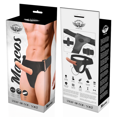 Embalagem do produto Strap-on Macoes, cinto tanga preto com pênis simulado cor pele