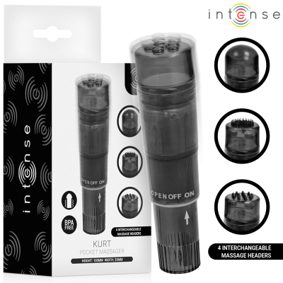 Massajador de bolso preto com 4 cabeças intercambiáveis e embalagem com texto Intense
