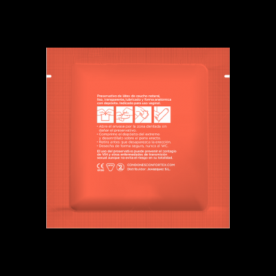 Embalagem vermelha de preservativos com texto em espanhol e ícones explicativos.