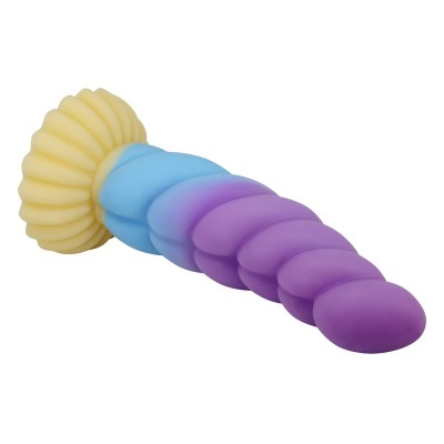 Produto em silicone espiralado com cores amarelo, azul e roxo