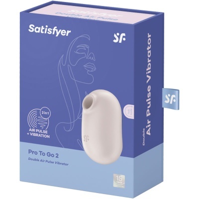 Embalagem azul e lilás do vibrador Pro To Go 2 da Satisfyer com imagem do produto branco