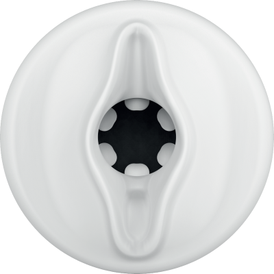 Tampa plástica branca circular com orifício central preto e detalhes brancos