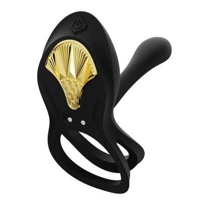 Anel vibrador preto com textura dourada e argolas.
