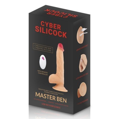 Embalagem preta com dildo realista cor pele, texto CYBER SILICOCK e MASTER BEN
