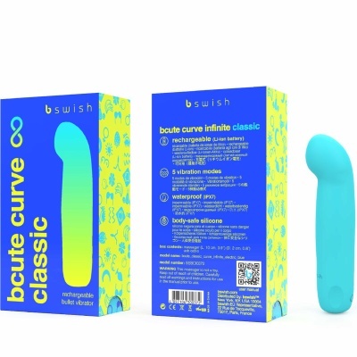 Vibrador bcute curve classic azul claro com embalagem azul e amarela ao fundo.