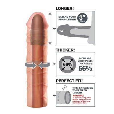 Extensor de pénis em cor pele com texto explicativo em inglês