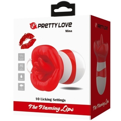 Embalagem do produto Pretty Love Mina com dispositivo vermelho e branco formato lábios
