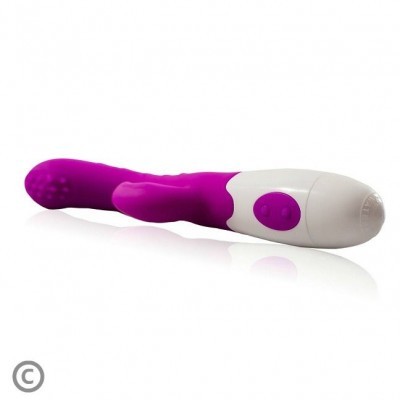 Vibrador roxo e branco com botão roxo e superfície texturizada
