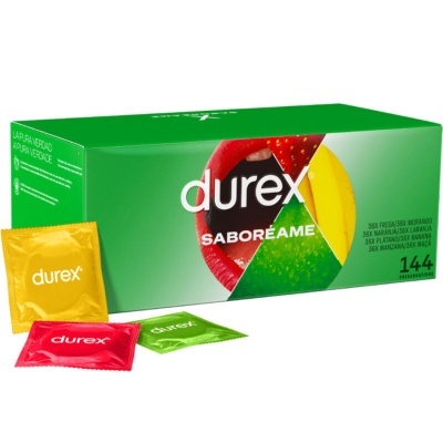 Embalagem verde de preservativos Durex Saboreame com preservativos coloridos