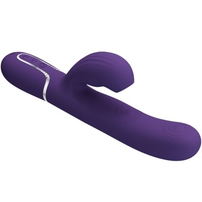 Vibrador roxo com duas extremidades e botões prateados na base