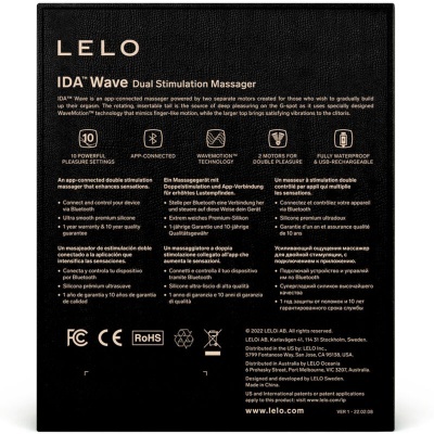 Caixa preta do massageador LELO IDA Wave Dual Stimulation com texto descritivo e ícones técnicos