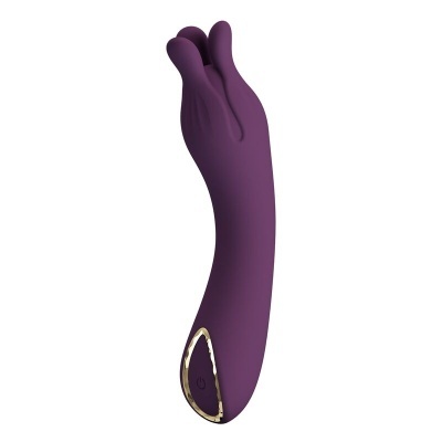 Vibrador roxo com duas pontas e base dourada
