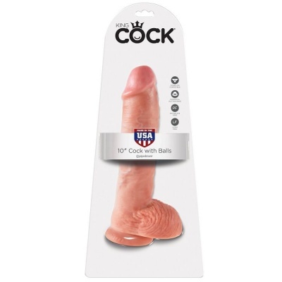Dildo realista cor pele em embalagem branca com texto KING COCK e 10