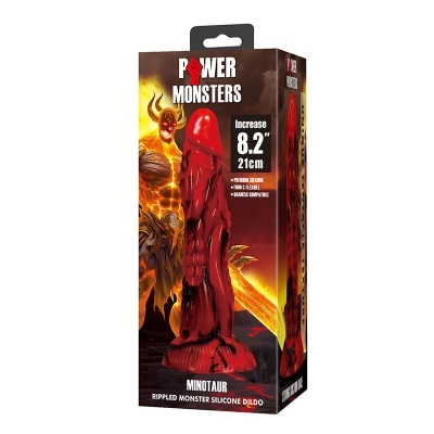 Embalagem do dildo Power Monsters Minotaur vermelho em silicone com textura ondulada