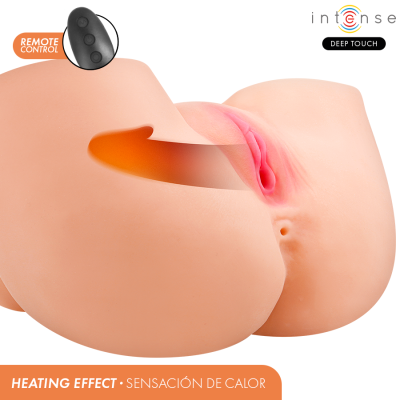 Masturbador masculino em silicone cor pele com control remoto preto e função de aquecimento.