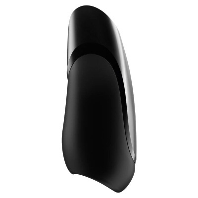 Dispositivo preto com design aerodinâmico em fundo branco