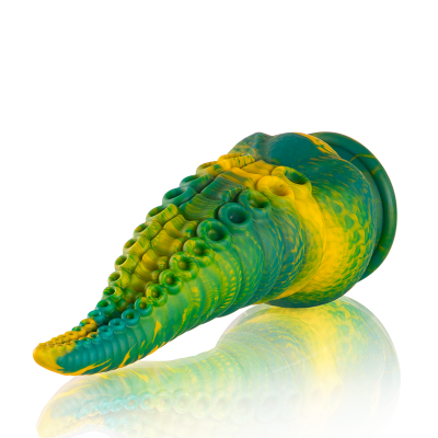 Objeto colorido verde, amarelo e azul com textura de tentáculos e protuberâncias