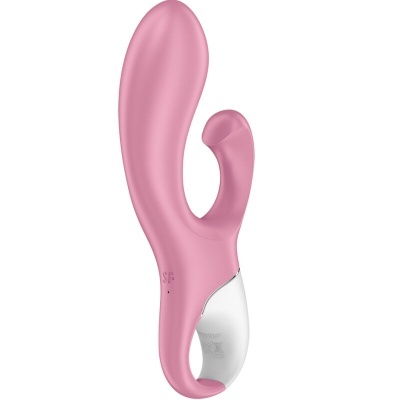 Vibrador rosa de silicone com dois braços e punho branco em fundo branco