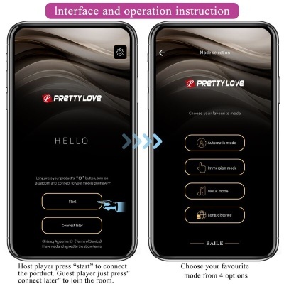 Interface de aplicação móvel PRETTY LOVE com opções de modos de funcionamento.