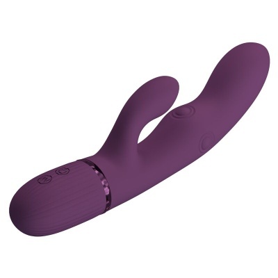 Vibrador roxo em silicone com duas extremidades curvas e botões na base