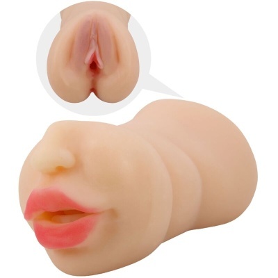 Brinquedo erótico em forma de boca e vagina cor de pele com lábios vermelhos