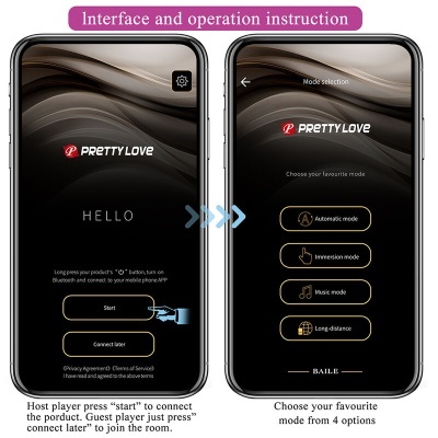 Interface da aplicação PRETTY LOVE em telemóveis com opções para iniciar e escolher modo