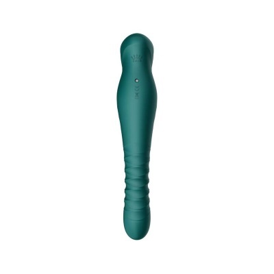 Vibrador verde de silicone com textura ondulada e botão de controlo