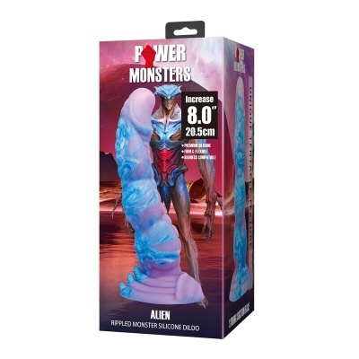 Embalagem de dildo em silicone com textura ondulada azul e roxa com figura de monstro alienígena