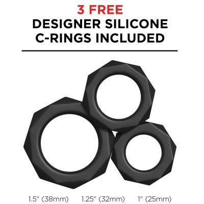 Três aneis de silicone pretos em tamanhos 38mm, 32mm e 25mm com texto promocional em inglês.