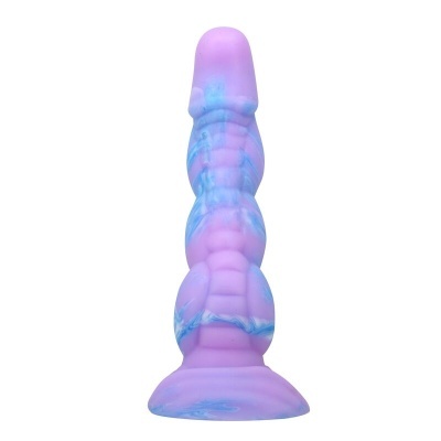 Brinquedo erótico de silicone lilás e azul com textura detalhada