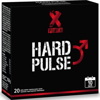 Embalagem preta de cápsulas HARD PULSE com texto branco e vermelho e símbolo masculino