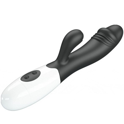 Vibrador preto com base branca e dois botões de controlo