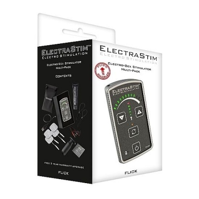 Embalagem branca e preta de estimulador eléctrico ELECTRASTIM Multi-Pack com imagem do dispositivo e acessórios