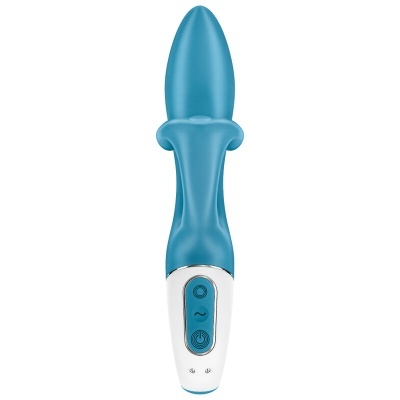 Vibrador azul com base branca e botões de controlo