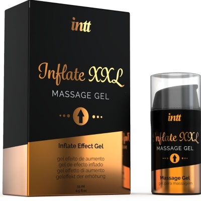 Gel de massagem Inflate XXL intt, embalagem preta e dourada, frasco doseador